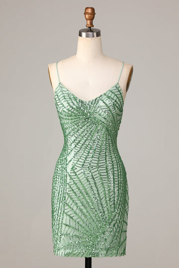 Club Chic Sheath Spaghetti Straps Gröna paljetter Kort Homecoming Klänning med Criss Cross Back